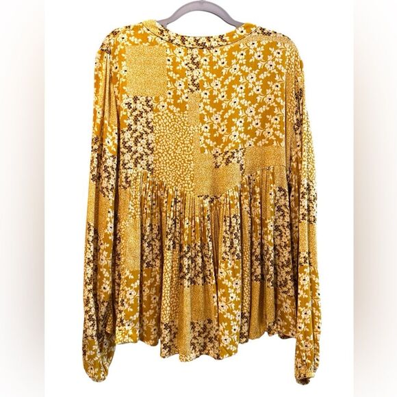 Pink Lily Boho Floral Patchwork Tassel Tie Babydoll Blouse Gold Yellow Medium - Picture 5 of 8